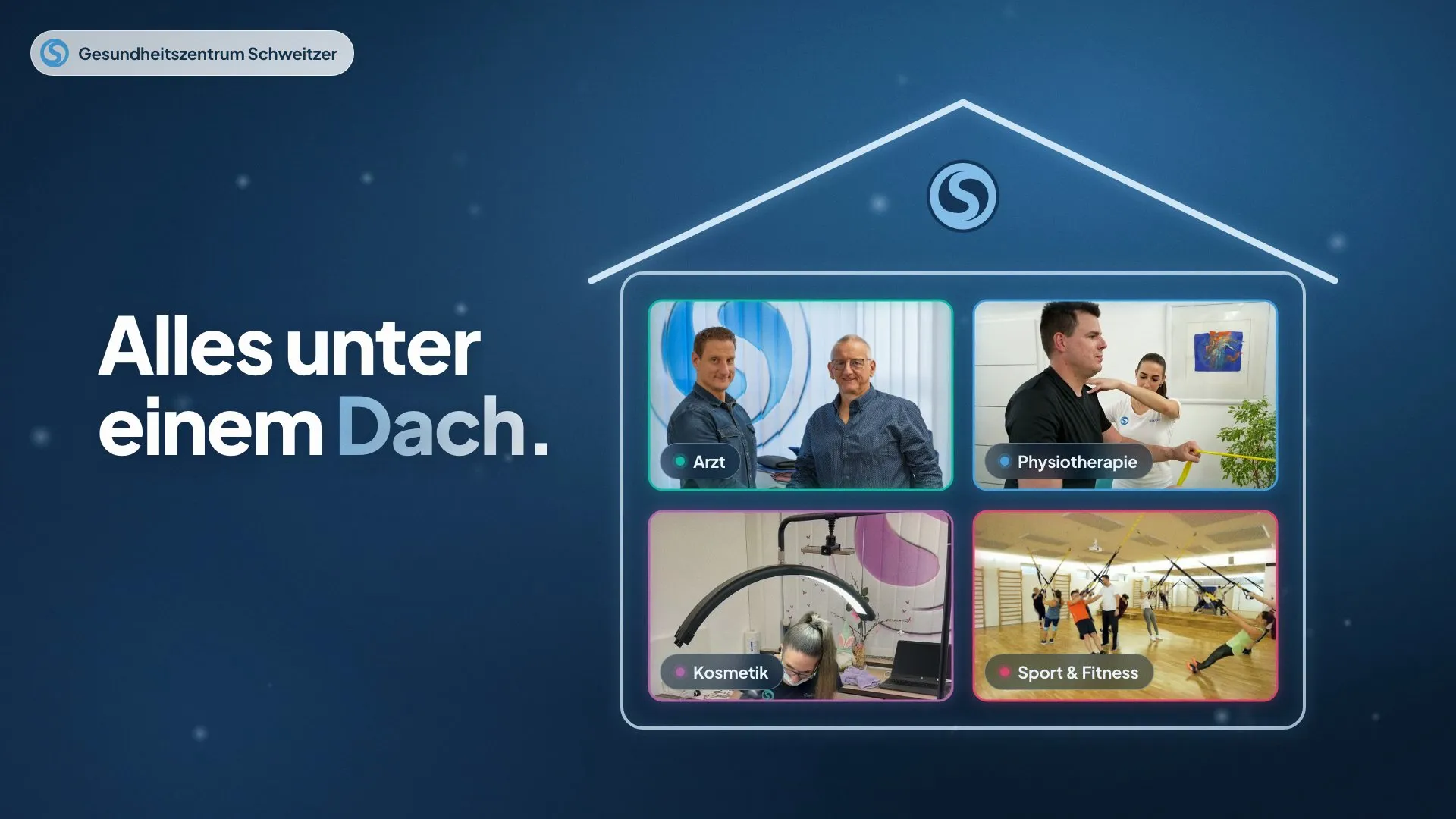 Standbild aus dem Imagefilm des Gesundheitszentrums Schweitzer, „Alles unter einem Dach.“, daneben ein gezeichnetes Haus mit vier Fenstern für Arzt, Physiotherapie, Kosmetik und Sport & Fitness